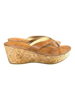 K. Jacques St. Tropez Cork Wedge Thong Sandals Brown Gold Leather EU 38